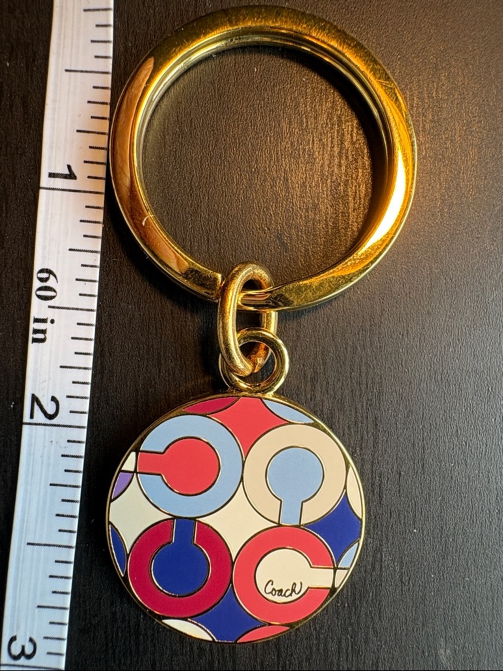 Coach Gold-Tone Enamel Circle Charm Keyring with Multicolor Pattern - Picture 1 of 4